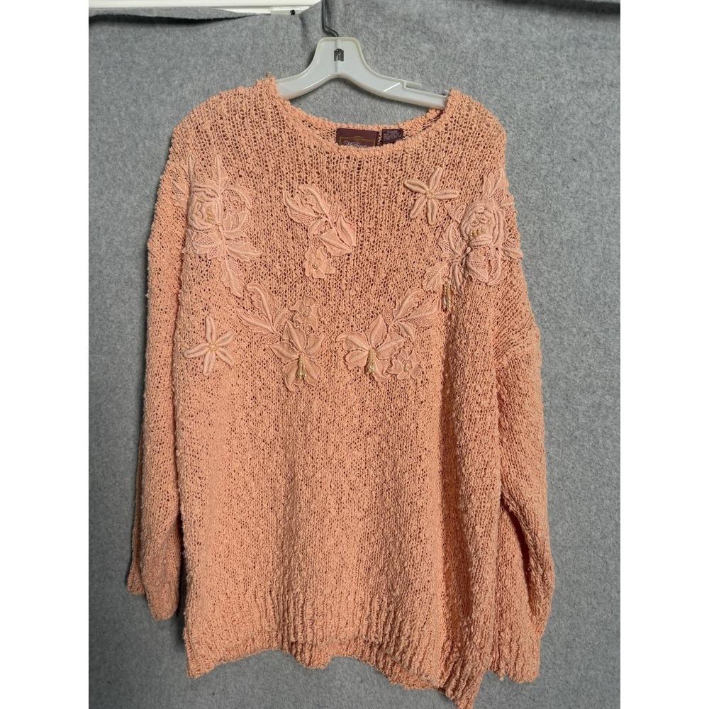 Worthington Sweater Womens 22W Pink Open Knit Beaded Embroidered Floral Pullover